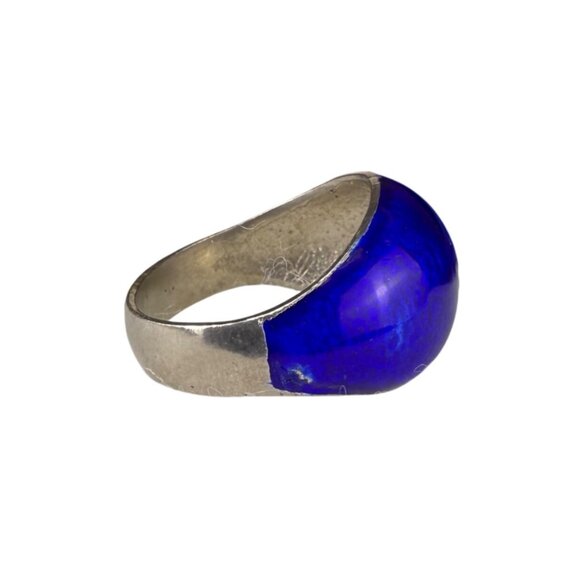 Vintage Silver Tone Enamel Ring With Blue Floral Grapevine Design Unique Size 6 - Picture 3 of 6